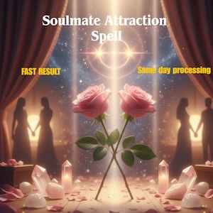 May include: An image featuring two pink roses with green stems, set against a backdrop of soft lighting and silhouettes. The text "Soulmate Attraction Spell" is displayed at the top, with "FAST RESULT" and "Same day processing" below.