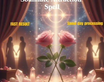 May include: An image featuring two pink roses with green stems, set against a backdrop of soft lighting and silhouettes. The text "Soulmate Attraction Spell" is displayed at the top, with "FAST RESULT" and "Same day processing" below.