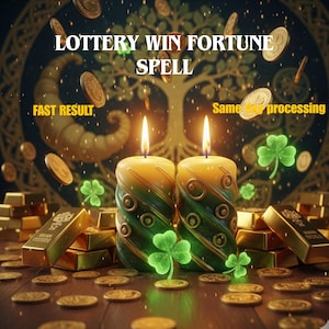 May include: An image featuring two lit candles with green and gold spiral designs, surrounded by gold coins, gold bars, and shamrocks. The text "LOTTERY WIN FORTUNE SPELL" is displayed above the candles, with "FAST RESULT" and "Same day processing" also visible.
