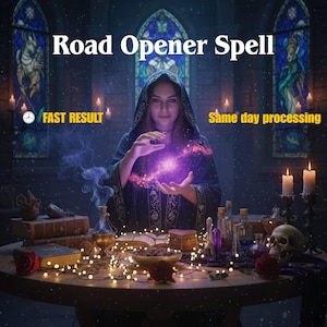 Può includere: Un'immagine di una donna con un mantello con cappuccio che esegue un incantesimo con energia viola brillante. Il testo "Road Opener Spell" è in alto, con "Fast Result" e "Same day processing". La scena include candele, libri e bottiglie di pozioni.