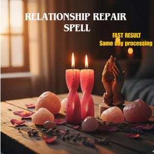 May include: Two lit, twisted pink candles are the focal point of this image, accompanied by pink stones, dried lavender, and rose petals on a wooden table. The text "RELATIONSHIP REPAIR SPELL" and "FAST RESULT Same day processing" are displayed.