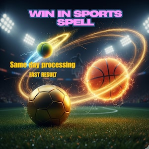May include: A digital artwork showing a football, tennis ball, and basketball with energy effects. The image includes the text "WIN IN SPORTS SPELL", "Same day processing", and "FAST RESULT", set against a stadium backdrop.