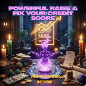 Può includere: Immagine con testo che recita "POWERFUL RAISE & FIX YOUR CREDIT SCORE". L'immagine presenta una figura viola brillante, un rapporto di credito, denaro, candele e le parole "Same day processing" e "FAST RESULT".