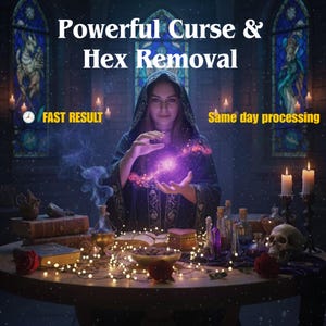 May include: An image with the text "Powerful Curse & Hex Removal." A person in a dark hooded cloak is holding a glowing purple orb. The scene includes candles, books, and bottles on a table. Text reads "Fast Result" and "Same day processing."