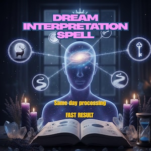 May include: A digital illustration advertising a dream interpretation spell. The image shows a human figure with a galaxy in their head, surrounded by symbols, candles, and an open book. Text includes "DREAM INTERPRETATION SPELL", "Same day processing", and "FAST RESULT".