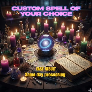 Könnte beinhalten: Eine mystische Szene mit einer leuchtenden Kristallkugel, umgeben von brennenden Kerzen in Lila und Grün, Tarotkarten und Zaubertränken. Der Text lautet "CUSTOM SPELL OF YOUR CHOICE" und "FAST RESULT Same day processing."