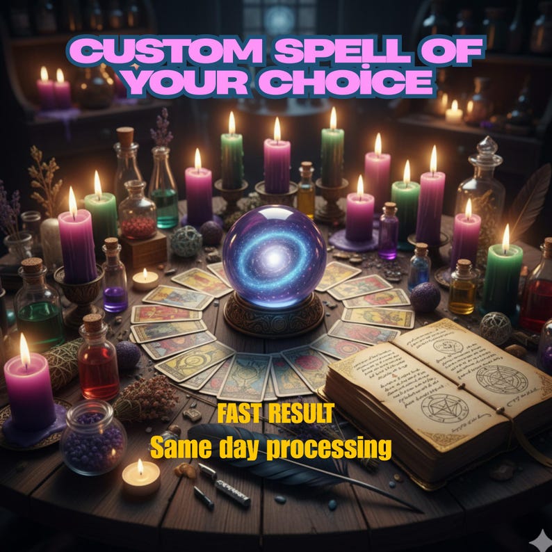 May include: A mystical scene featuring a glowing crystal ball, surrounded by lit candles in shades of purple and green, tarot cards, and potion bottles. The text reads "CUSTOM SPELL OF YOUR CHOICE" and "FAST RESULT Same day processing."