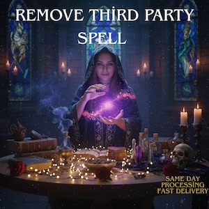 May include: An image with the text "REMOVE THIRD PARTY SPELL". A person in a dark hooded cloak is holding a glowing purple orb. The scene includes candles, books, and potion bottles, with the text "SAME DAY PROCESSING FAST DELIVERY".