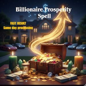 Puede incluir: Imagen que promociona un "Hechizo de Prosperidad Millonaria". Un cofre del tesoro rebosa de monedas de oro y gemas, con una flecha de luz ascendente. Velas, cristales y dinero rodean el cofre. El fondo muestra una mansión y coches de lujo.