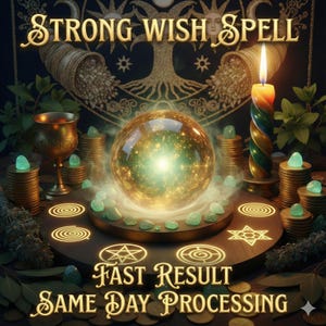 Può includere: Immagine mistica con una sfera di cristallo luminosa al centro, circondata da candele, monete e gemme. Il testo "STRONG WISH SPELL" e "FAST RESULT SAME DAY PROCESSING" è in oro, evocando un tema magico.