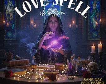May include: A mystical scene featuring a person in a dark hooded cloak, conjuring a glowing purple orb. The words "LOVE SPELL obsession" are arched above. The table is adorned with books, candles, and potion bottles, creating a magical atmosphere.