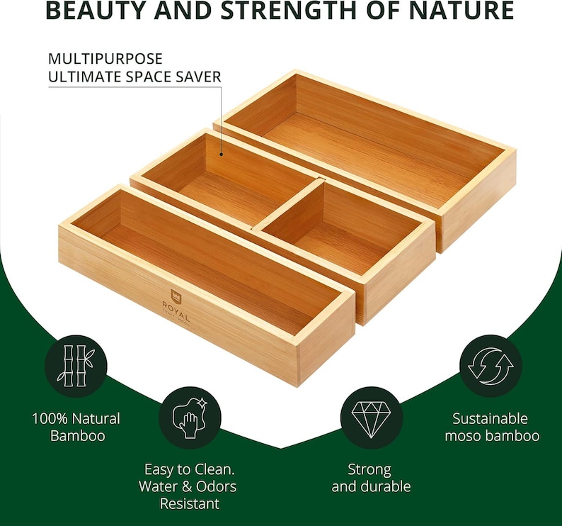 ROYAL CRAFT WOOD Luxury Bamboo Drawer Organizer Storage Box, Bin Set - Thumbnail 4