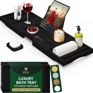 May include: A black expandable bath tray with a tablet, candle, wine glass, and other accessories. The tray has a built-in tablet holder, a wine glass slot, and a soap dish. The packaging reads "LUXURY BATH TRAY FITS MOST BATHTUBS FOLDABLE AND EXPANDABLE."