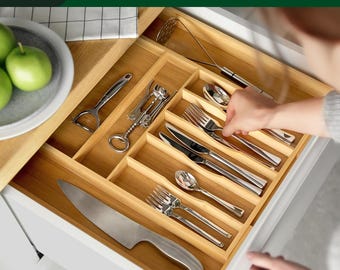 Expandable Bamboo Kitchen Drawer Organizer – Utensil & Silverware Tray
