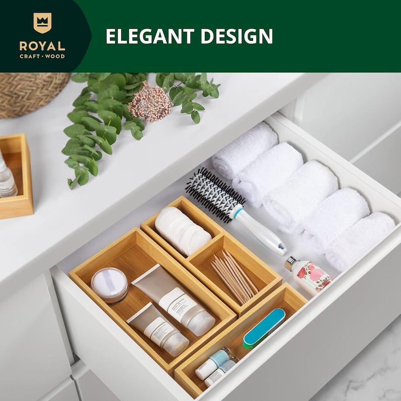 ROYAL CRAFT WOOD Luxury Bamboo Drawer Organizer Storage Box, Bin Set - Thumbnail 2
