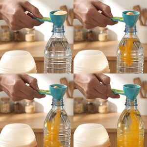 May include: A multi-panel image shows a blue and green funnel with a measuring spoon being used to add ingredients to a clear plastic water bottle. The bottle is filled with water and then with a yellow liquid. The background includes jars and a white container.