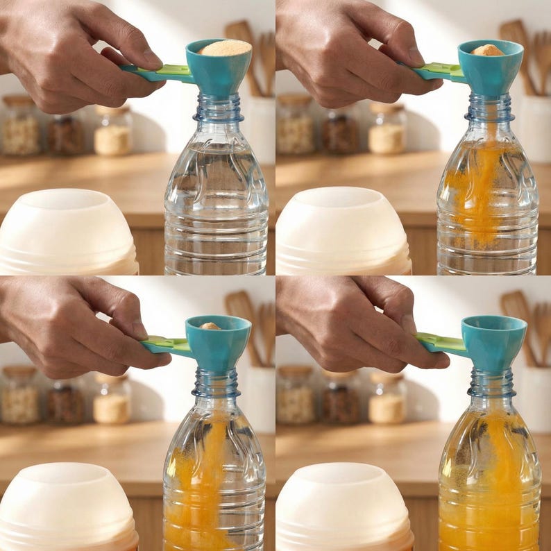May include: A multi-panel image shows a blue and green funnel with a measuring spoon being used to add ingredients to a clear plastic water bottle. The bottle is filled with water and then with a yellow liquid. The background includes jars and a white container.