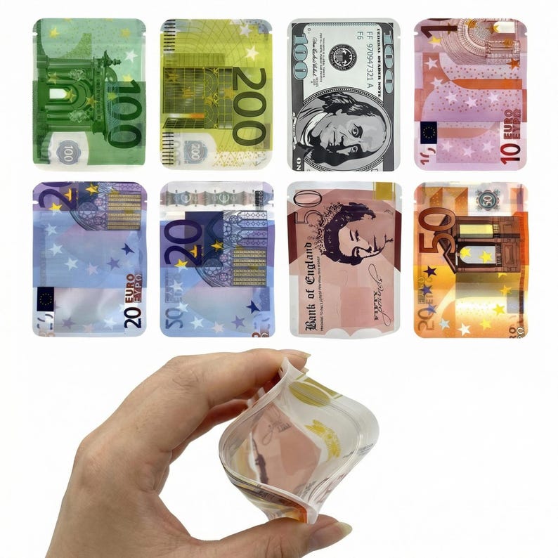 May include: A selection of transparent, resealable bags printed with designs of different international banknotes, including Euros, US dollars, and British pounds. The bags are held in a hand, displaying the range of currencies.
