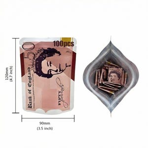 May include: A clear plastic bag containing 100 pieces of play money, each resembling a fifty-pound note. The bag is 90mm wide and 120mm tall, with the words "Bank of England" and "FIFTY pounds" printed on the front.