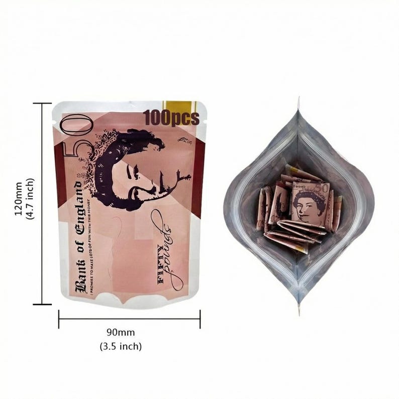 May include: A clear plastic bag containing 100 pieces of play money, each resembling a fifty-pound note. The bag is 90mm wide and 120mm tall, with the words "Bank of England" and "FIFTY pounds" printed on the front.