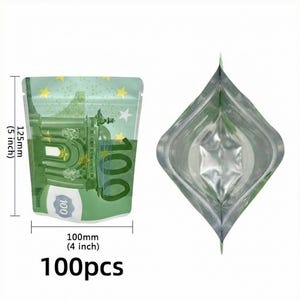 May include: Two clear, resealable bags. One bag is printed with a green and white design resembling a 100 Euro bill. The bag measures 10 cm wide and 12.5 cm tall. The text "100pcs" is printed at the bottom.
