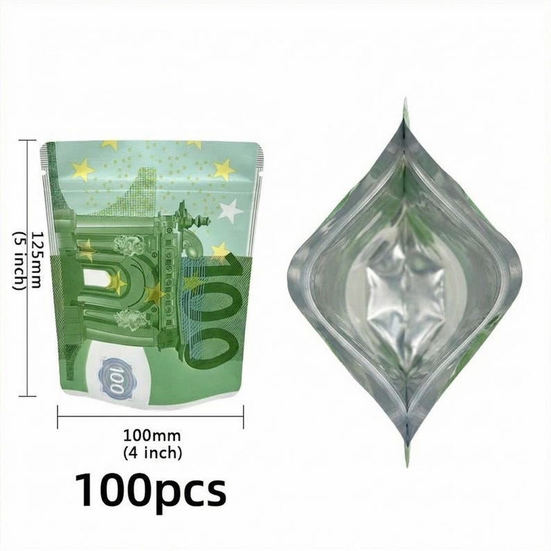May include: Two clear, resealable bags. One bag is printed with a green and white design resembling a 100 Euro bill. The bag measures 10 cm wide and 12.5 cm tall. The text "100pcs" is printed at the bottom.