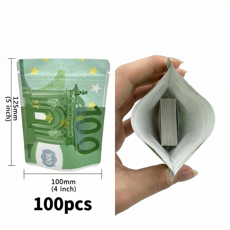 May include: A green and white resealable bag, designed to look like a 100 Euro note. The bag measures 10 cm wide and 12.5 cm tall. The text "100pcs" is printed at the bottom. Another bag is open, revealing a stack of cards.