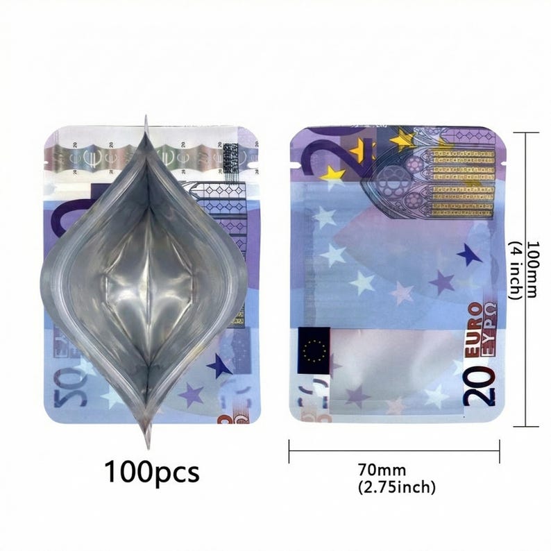 May include: Two clear, resealable bags with a Euro currency design. One bag is open, showing the interior. The bags are 10 cm tall and 7 cm wide. The text "100pcs" is visible.