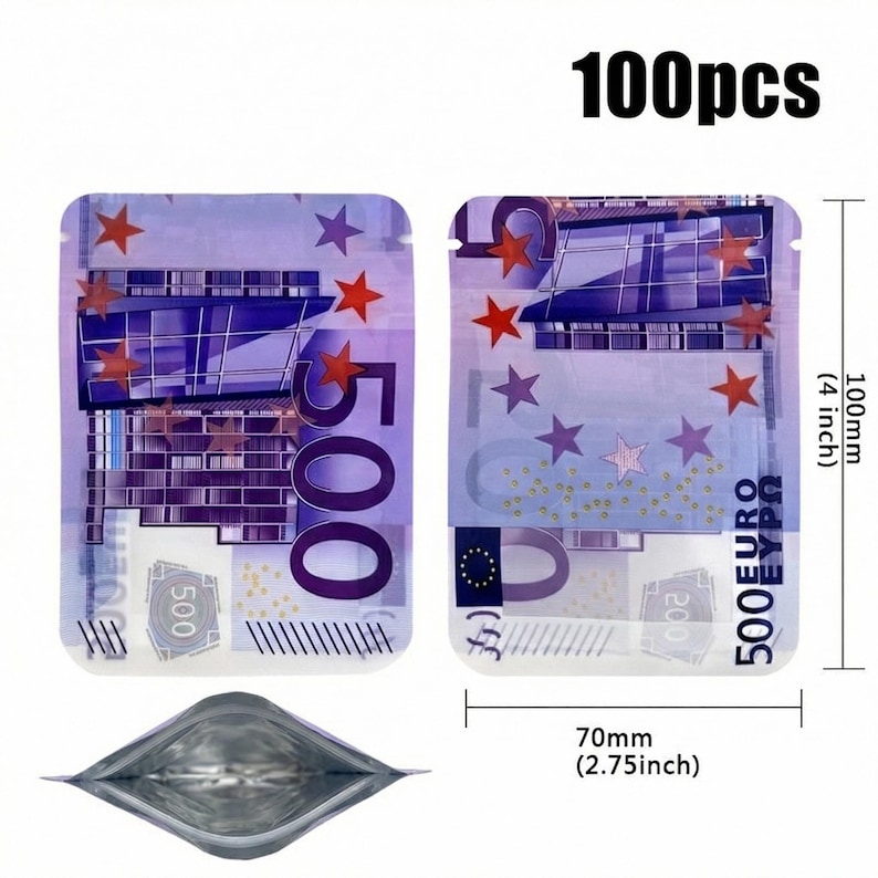 May include: Two clear, resealable bags featuring a 500 Euro note design. Each bag measures 100mm high and 70mm wide. The text "100pcs" is visible at the top.