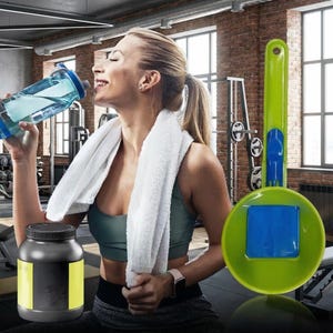May include: A woman in a gym drinks from a blue water bottle. A white towel is around her neck. A black protein powder container with a yellow label and a green and blue exercise tool are also in the image.