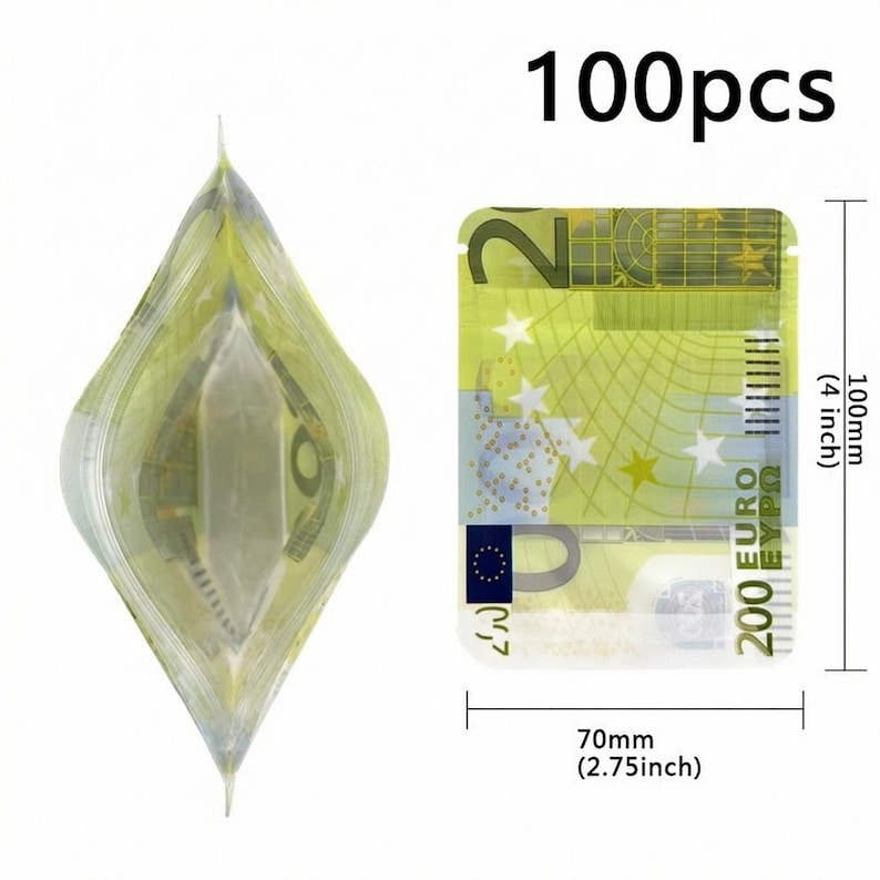 May include: A clear, sealed plastic bag containing a stack of Euro banknotes, next to a single Euro banknote. The dimensions of the banknote are 100mm (4 inches) by 70mm (2.75 inches). The text "100pcs" is visible.