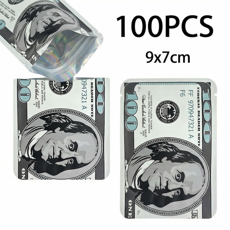 May include: A collection of 100 resealable bags, each featuring a design that mimics a $100 bill. The bags are rectangular, with dimensions of 9x7cm. The design includes a portrait of Benjamin Franklin and the text "100PCS".