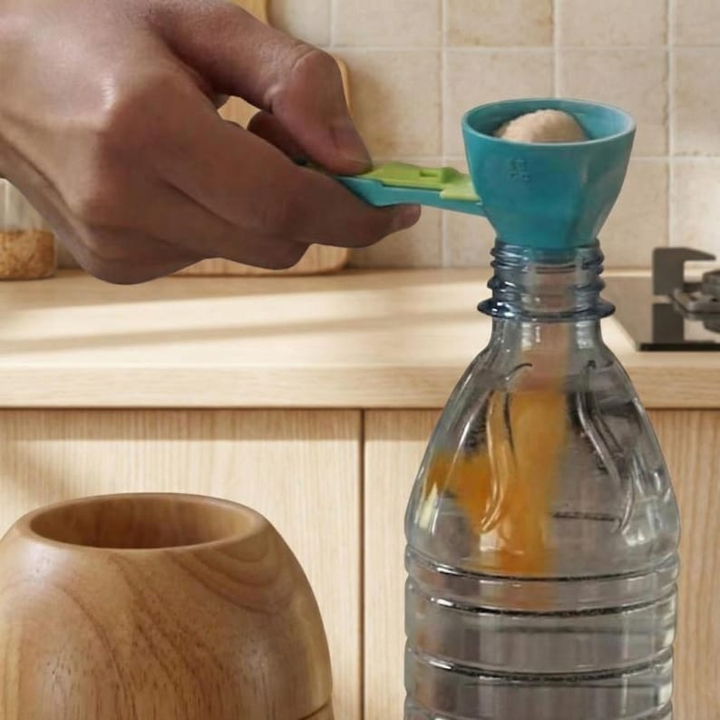 May include: A teal and green kitchen gadget is used to pour a substance into a clear plastic bottle. The gadget is held by a person's hand. A wooden container is in the foreground.