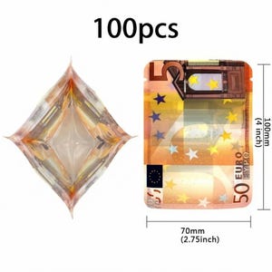 May include: Clear, resealable bag featuring a 50 Euro note design. The bag is 100mm (4 inches) high and 70mm (2.75 inches) wide. The text "100pcs" is printed at the top.