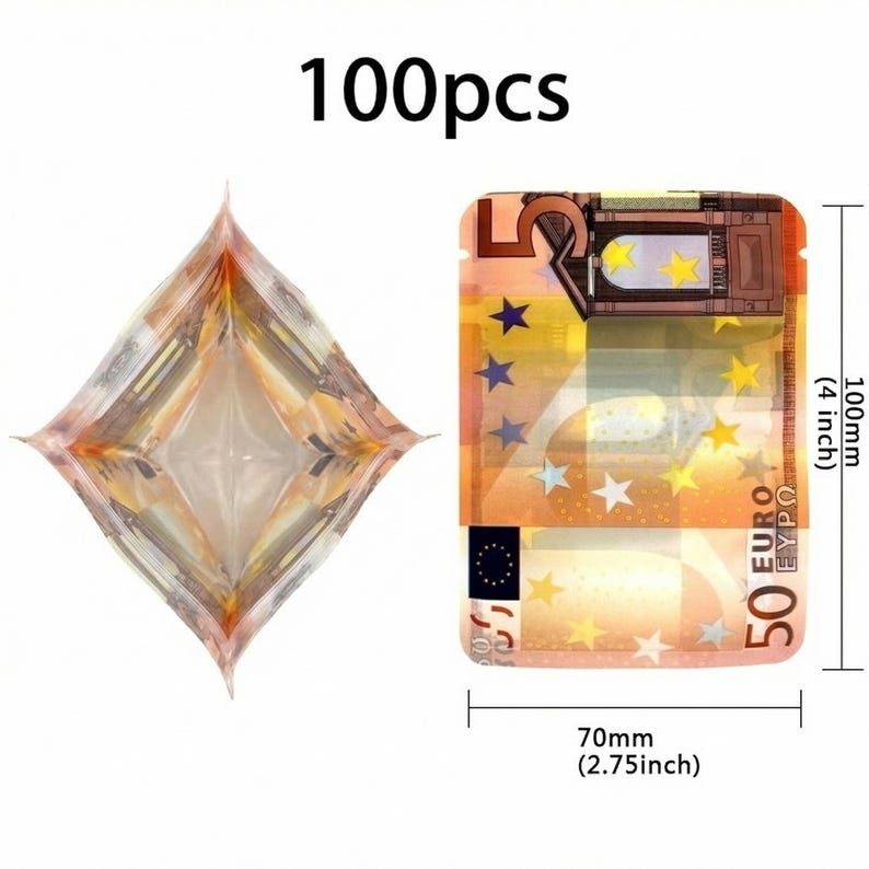 May include: Clear, resealable bag featuring a 50 Euro note design. The bag is 100mm (4 inches) high and 70mm (2.75 inches) wide. The text "100pcs" is printed at the top.