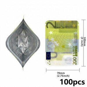 May include: An open, silver-coloured pouch with a heat-sealed top is shown next to a rectangular sticker. The sticker has a design resembling a 200 Euro note. The sticker is 10 cm tall and 7 cm wide. The text "100pcs" is at the bottom.