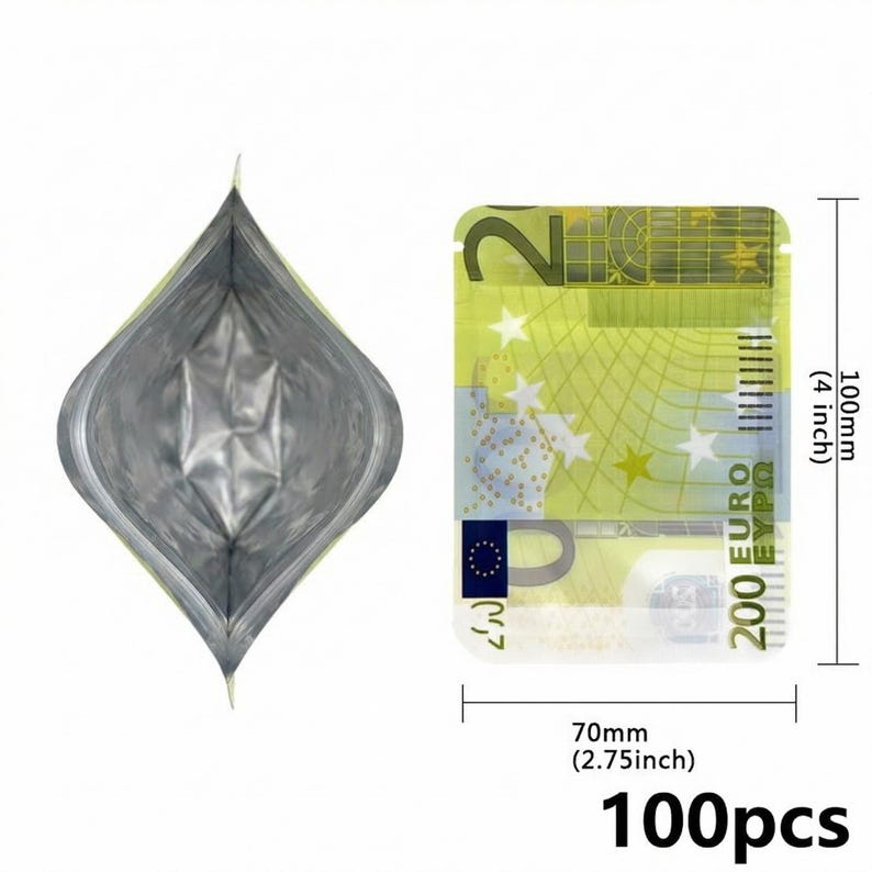 May include: An open, silver-coloured pouch with a heat-sealed top is shown next to a rectangular sticker. The sticker has a design resembling a 200 Euro note. The sticker is 10 cm tall and 7 cm wide. The text "100pcs" is at the bottom.