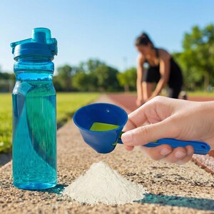 May include: A blue water bottle with a blue lid and a blue and green scoop next to a pile of white powder. A person is in the background, blurred, on a running track.
