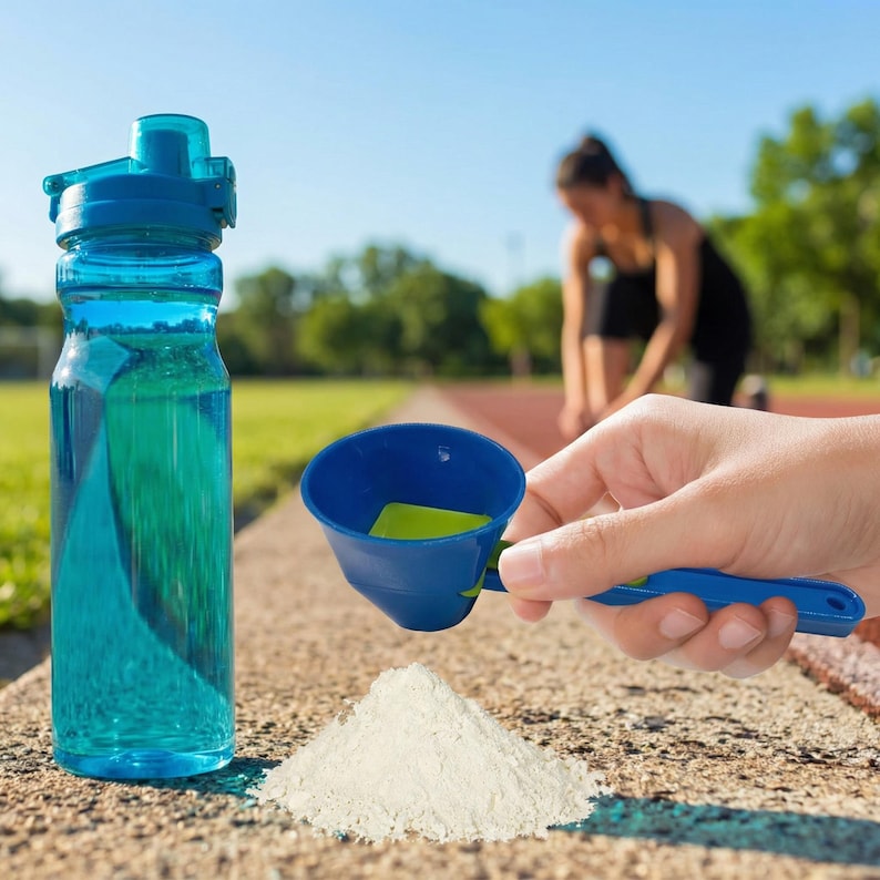 May include: A blue water bottle with a blue lid and a blue and green scoop next to a pile of white powder. A person is in the background, blurred, on a running track.