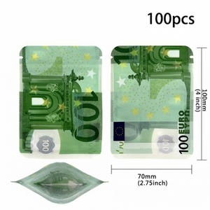 May include: Transparent plastic bags featuring a 100 Euro note design in green and white. The bags are 10cm tall and 7cm wide. The text "100pcs" is printed at the top.