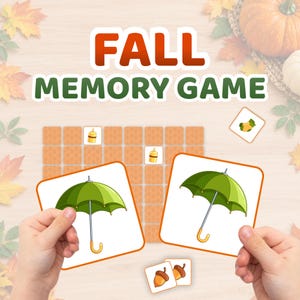 May include: A Fall Memory Game with a grid of orange tiles and matching cards featuring illustrations of green umbrellas, yellow candles, brown acorns, and a green sock. The title text reads FALL MEMORY GAME in large orange and green letters.