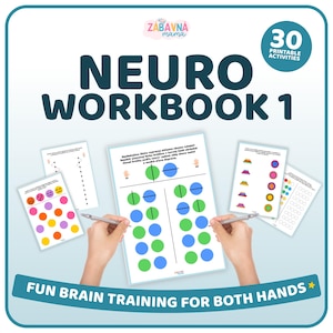 May include: A Neuro Workbook 1 printable activity set featuring 30 pages of brain training exercises. The cover displays the title, a circular badge, and a central worksheet showing colourful circles and lines for bilateral hand coordination tasks.