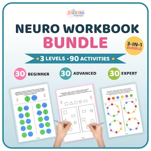 Può includere: Un pacchetto di quaderni di esercizi neuro con 3 livelli e 90 attività, inclusi 30 esercizi per principianti, 30 avanzati e 30 esperti. Il set contiene tre fogli di attività con forme geometriche colorate e motivi per esercizi cognitivi.