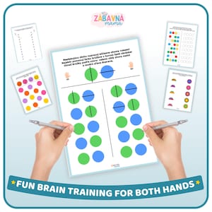 May include: A set of educational worksheets for brain training featuring colorful circles and lines. The central sheet displays instructions in Slovak with green and blue circles arranged in columns, while smaller surrounding sheets show patterns, emojis, and shapes.