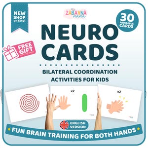 May include: A set of 30 printable neuro cards for bilateral coordination activities for kids. The cards feature illustrations of a red spiral, a green oval, and hands clapping. Text includes NEURO CARDS, BILATERAL COORDINATION ACTIVITIES FOR KIDS.