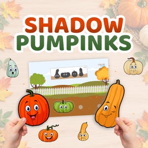 May include: A printable educational activity sheet titled SHADOW PUMPKINS featuring a cartoon landscape with a white fence, a brown soil area, and various colorful pumpkin cutouts with expressive faces, including orange, green, and yellow shapes.