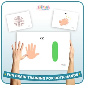 Può includere: Tre carte rettangolari bianche con grafiche educative. Una carta mostra una spirale rossa, un'altra mostra mani che applaudono con il testo x2, e la carta più grande mostra un'icona di una mano e un ovale verde verticale.