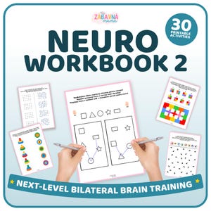 Könnte beinhalten: Ein digitales Neuro-Arbeitsbuch 2 mit 30 druckbaren Aktivitäten für bilaterales Gehirntraining. Das Cover zeigt den Titel in dunkelblauer Schrift, umgeben von vier Beispiel-Arbeitsblättern mit geometrischen Formen und Pfeilen.