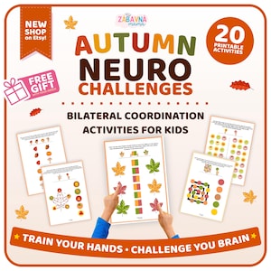 Op de afbeelding: Een set van 20 printbare herfst-thema neuro challenge activiteitenbladen voor bilaterale coördinatie. De pagina's bevatten kleurrijke bladillustraties, geometrische vormen en instructieve tekst. De titel luidt Autumn Neuro Challenges.