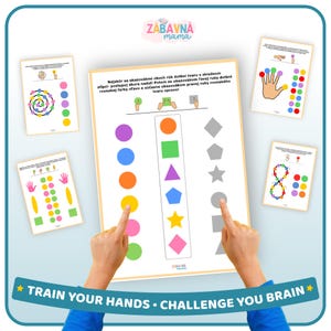 Pode incluir: Um conjunto de folhas de atividades educativas com formas geométricas e padrões coloridos para exercícios de coordenação olho-mão. As folhas incluem instruções em eslovaco, vários círculos, quadrados, triângulos, estrelas e pentágonos coloridos, juntamente com ilustrações de mãos e dedos como guia.